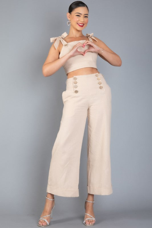 LINEN BLENDS SLEEVELESS RUFFLE TOP AND PANTS SET