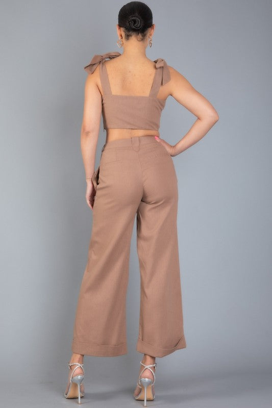 LINEN BLENDS SLEEVELESS RUFFLE TOP AND PANTS SET