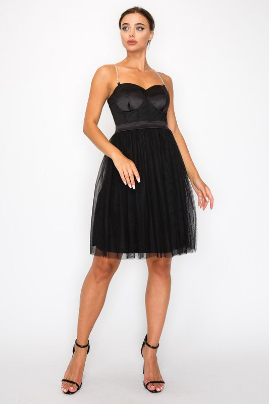 RHINESTONE CAMI TULLE MINI DRESS