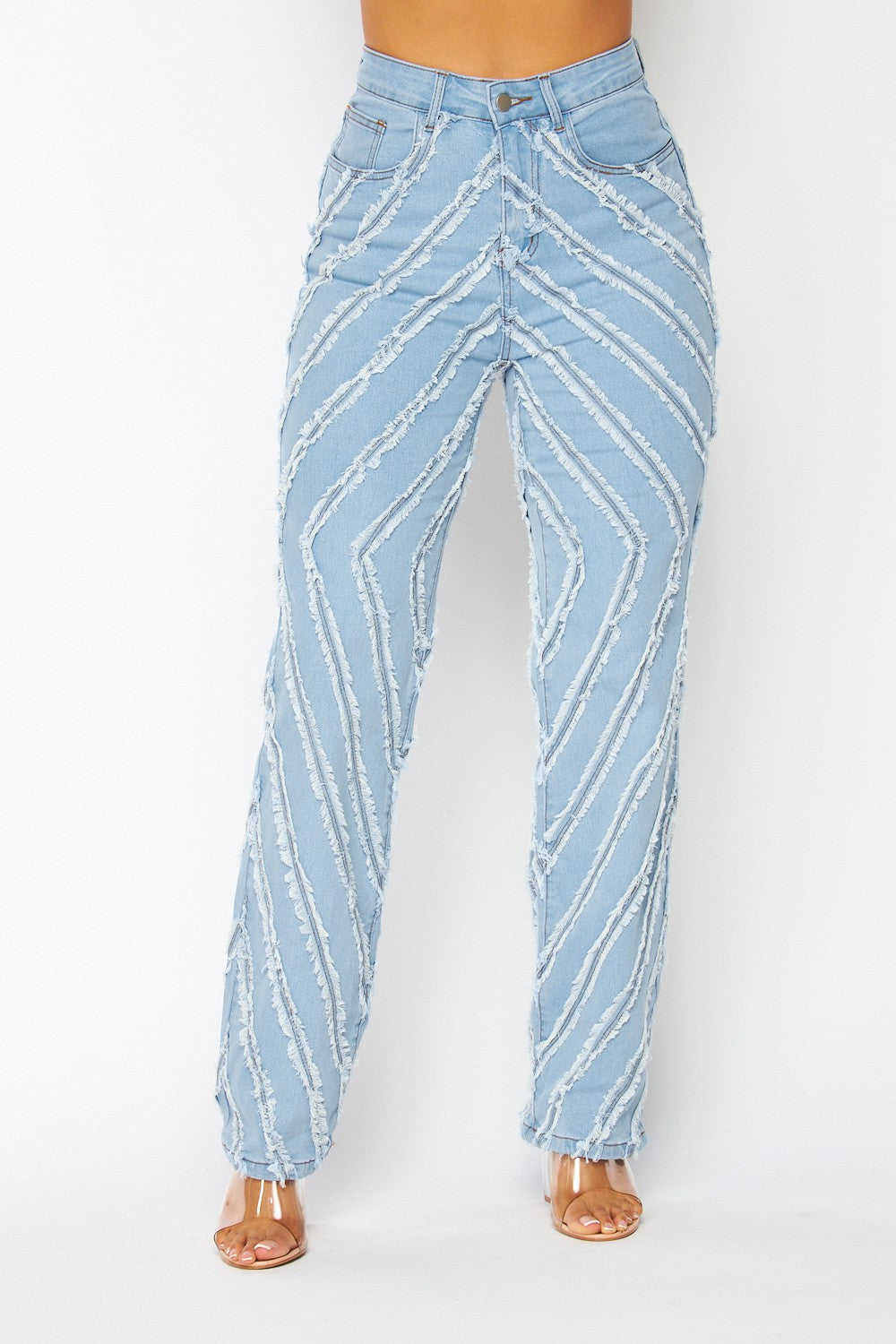 HARLOW FRAYED TRIM STRAIGHT LEG DENIM JEANS PANTS