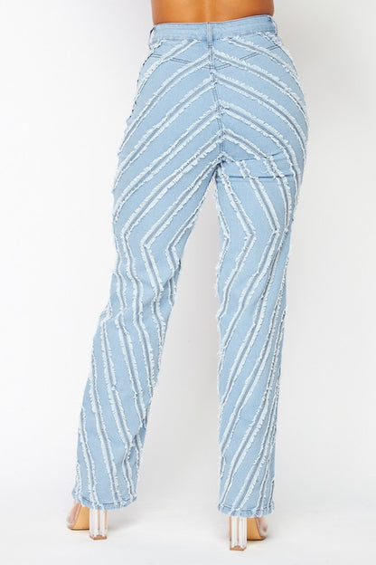 HARLOW FRAYED TRIM STRAIGHT LEG DENIM JEANS PANTS