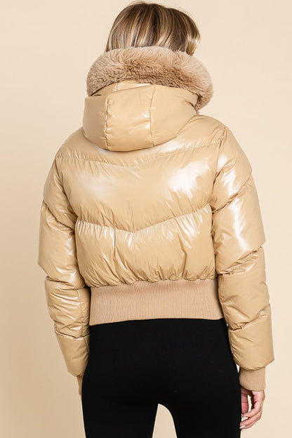 FAUX FUR TRIM HOODIE SHINY PUFFER