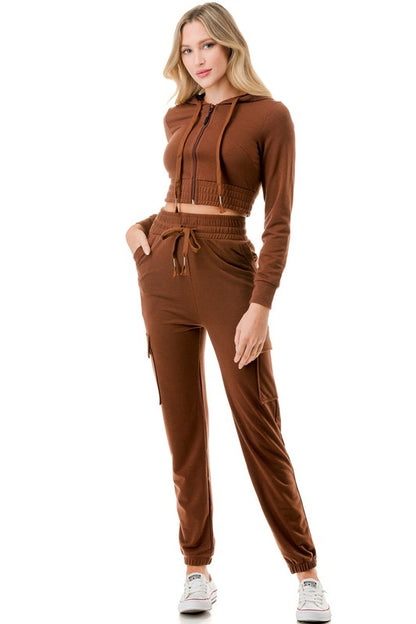 FRENCH TERRY CROP HOODED JACKET AND CARGO PANTS SET