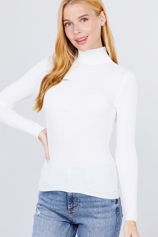 TURTLE NECK FITTED VISCOSE RIB SWEATER TOP