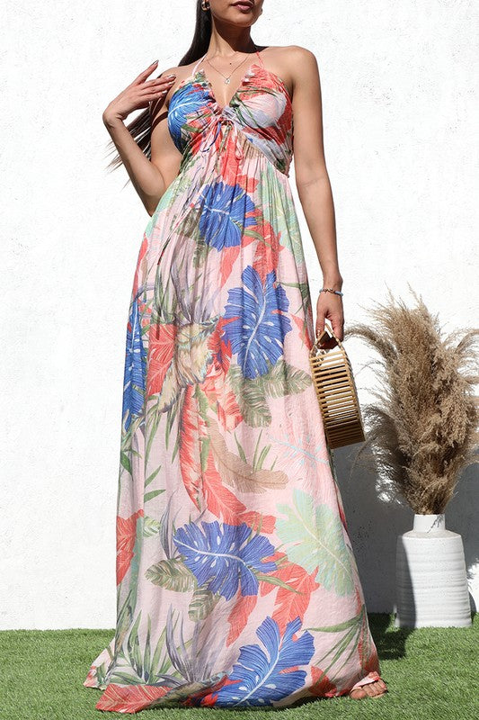 PRINTED V NECK WOVEN MAXI DRESS