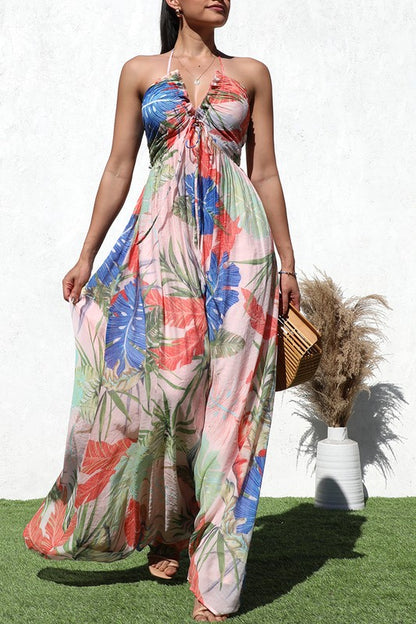 PRINTED V NECK WOVEN MAXI DRESS