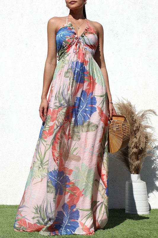 PRINTED V NECK WOVEN MAXI DRESS