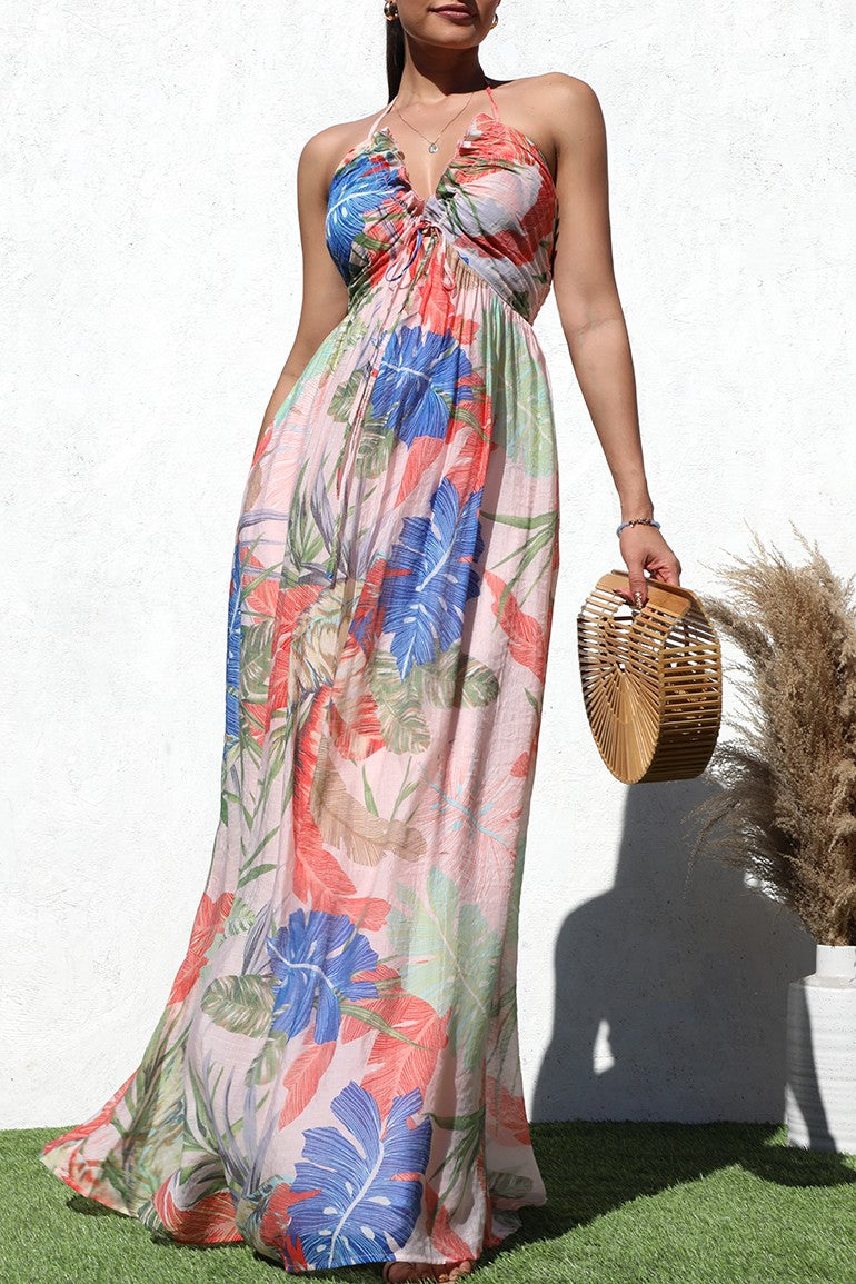 PRINTED V NECK WOVEN MAXI DRESS