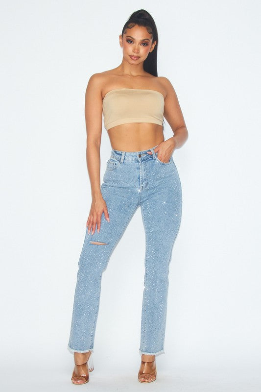 SPARKSRHINESTONE DISTRESSED HIGH RISE DENIM