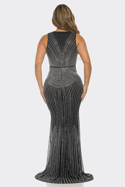 RHINESTONE V-NECK MERMAID MAXI DRESS