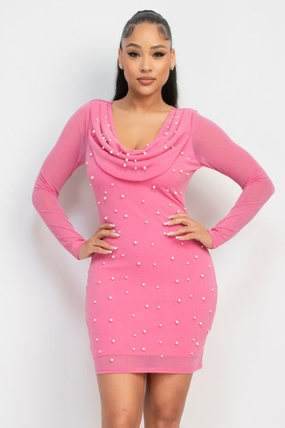 Faux Pearl Mesh Bodycon Dress