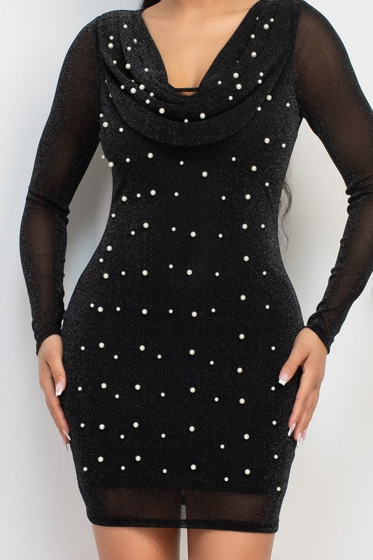 Faux Pearl Mesh Bodycon Dress