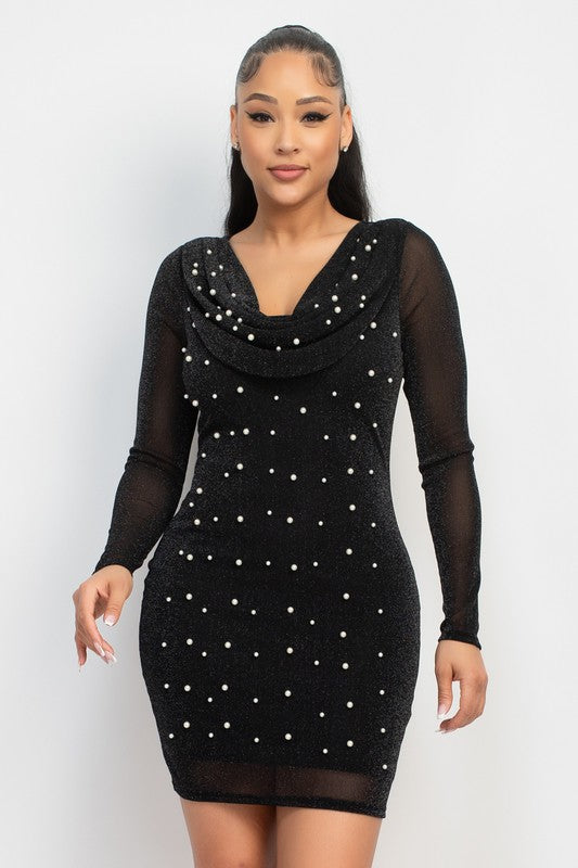 Faux Pearl Mesh Bodycon Dress