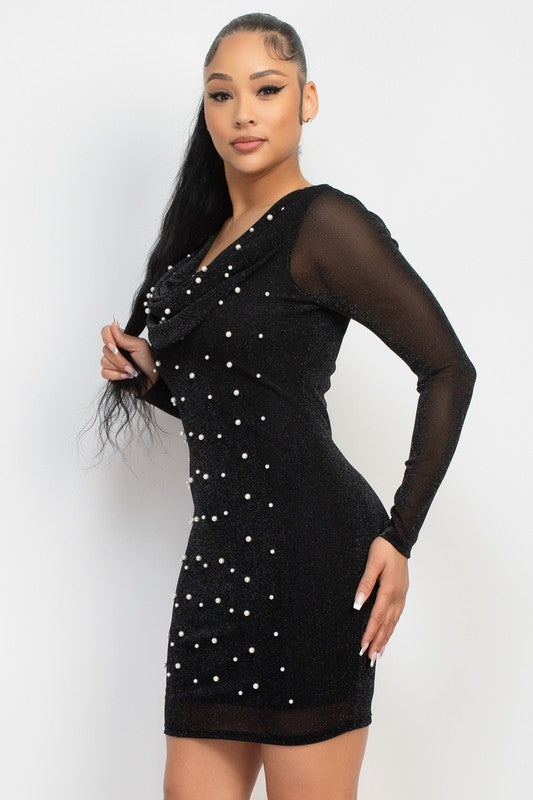 Faux Pearl Mesh Bodycon Dress