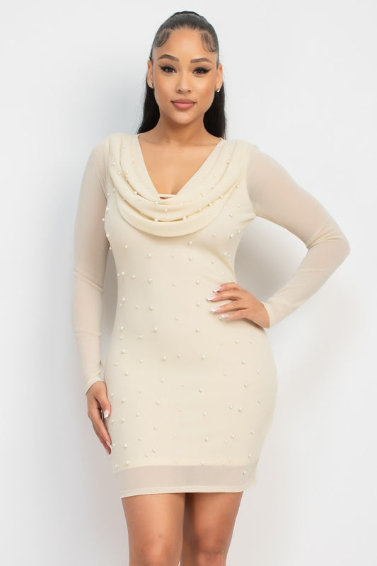 Faux Pearl Mesh Bodycon Dress