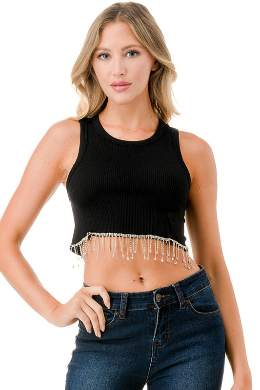 RHINESTONE TRIMMED CROP TANK TOP