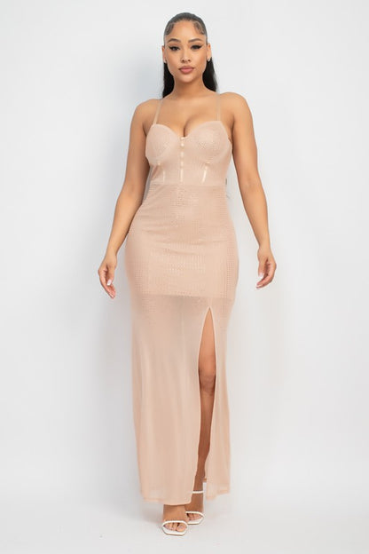 Stone Slit Mesh Overlay Party Dress