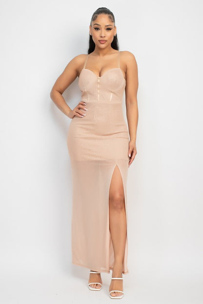 Stone Slit Mesh Overlay Party Dress