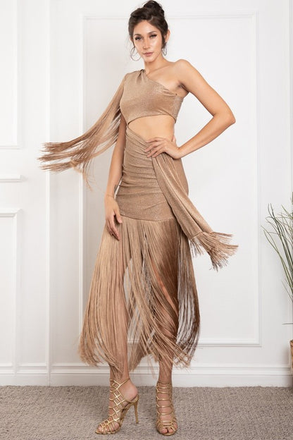 GLITTER KNIT ONE SHOULDER CUT OUT FRINGE DRESS