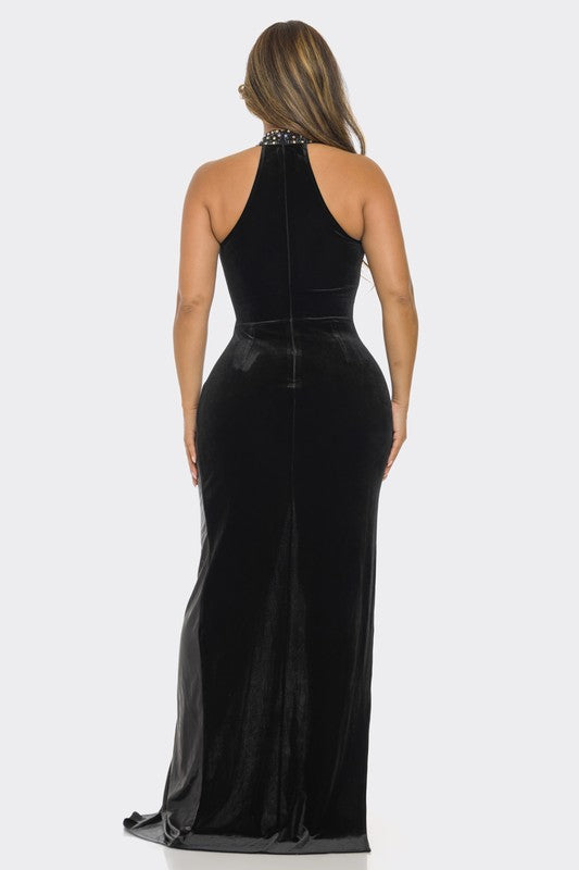 RHINESTONE SHINY METALLIC CHOCKER NECK MAXI DRESS