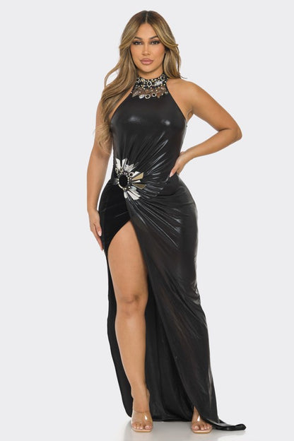 RHINESTONE SHINY METALLIC CHOCKER NECK MAXI DRESS