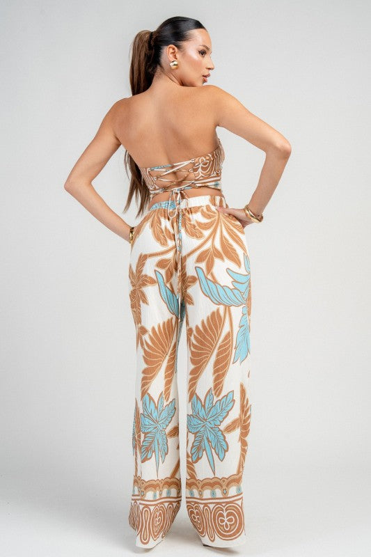 PRINTED STRAPLESS TOP AND PANTS SET