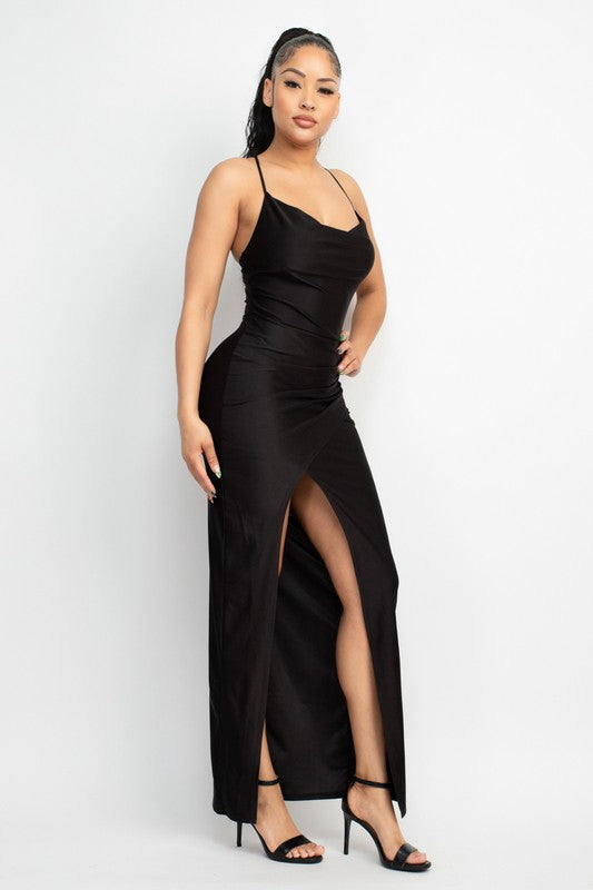 Crossed Back Cowl Neck Slit Dress