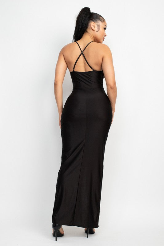 Crossed Back Cowl Neck Slit Dress