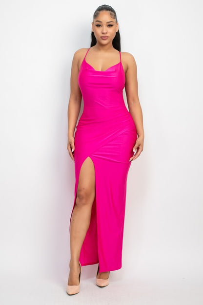 Crossed Back Cowl Neck Slit Dress