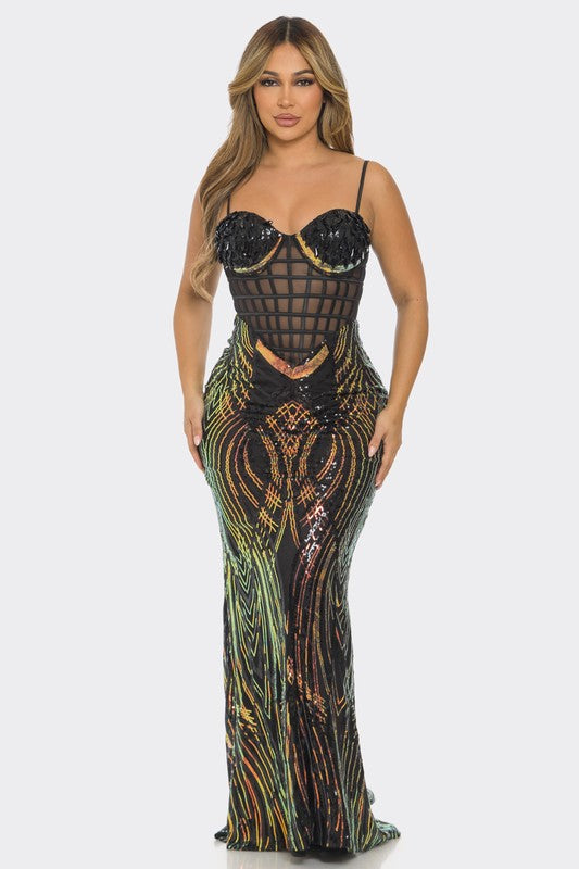 SEQUIN MESH CONTRAST MAXI DRESS