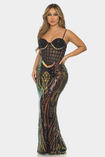 SEQUIN MESH CONTRAST MAXI DRESS