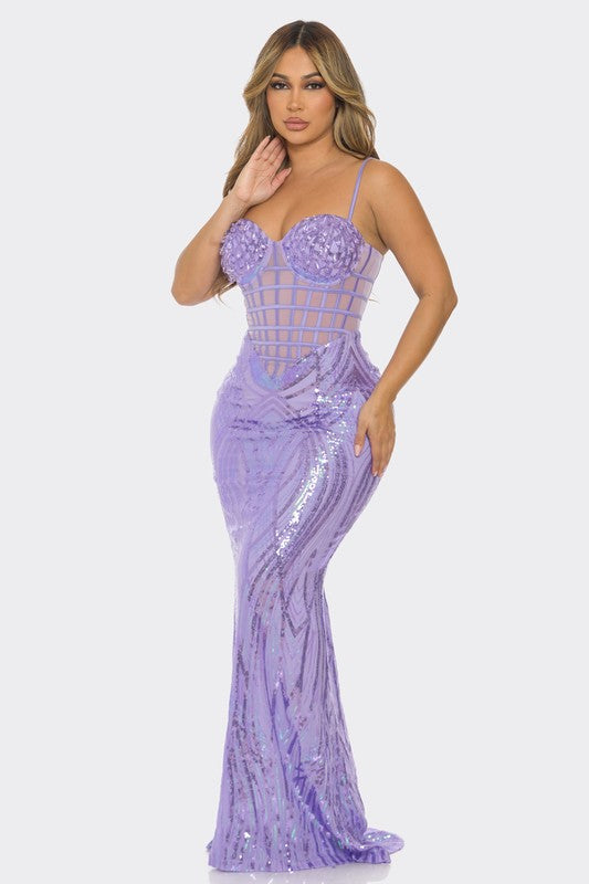 SEQUIN MESH CONTRAST MAXI DRESS