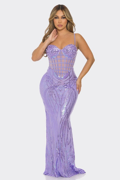 SEQUIN MESH CONTRAST MAXI DRESS