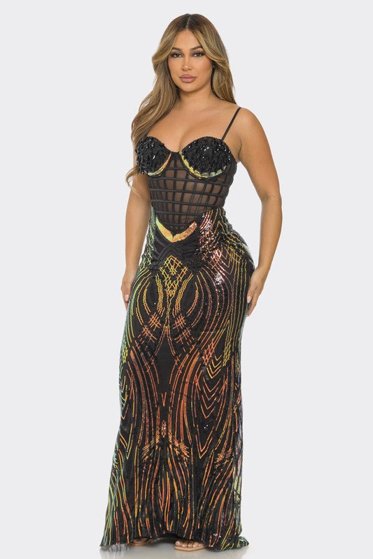 SEQUIN MESH CONTRAST MAXI DRESS