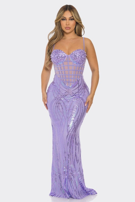 SEQUIN MESH CONTRAST MAXI DRESS