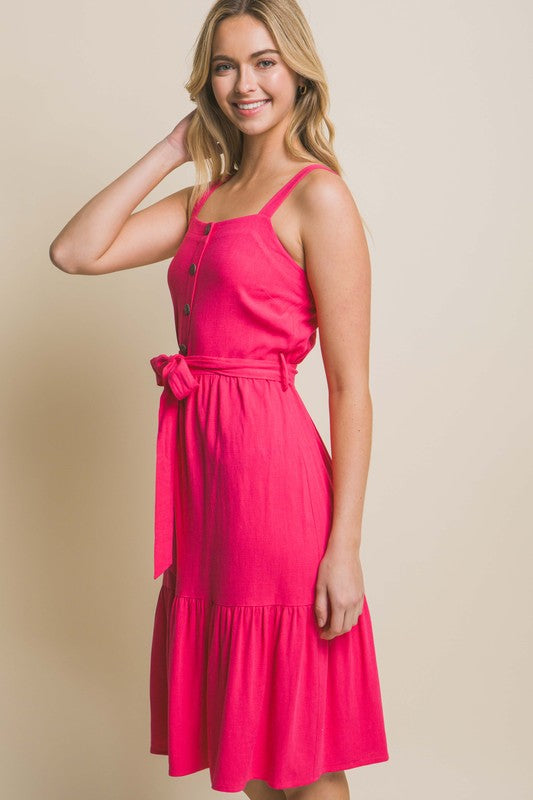 LINEN LIGHT MIDI DRESS WITH WAIST TIE