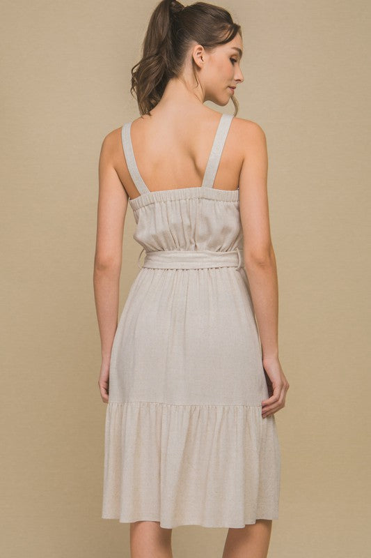 LINEN LIGHT MIDI DRESS WITH WAIST TIE