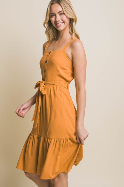 LINEN LIGHT MIDI DRESS WITH WAIST TIE