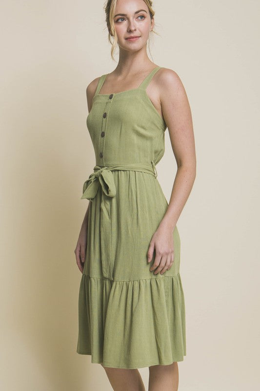 LINEN LIGHT MIDI DRESS WITH WAIST TIE