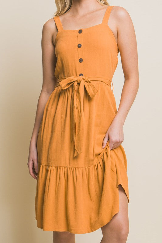 LINEN LIGHT MIDI DRESS WITH WAIST TIE