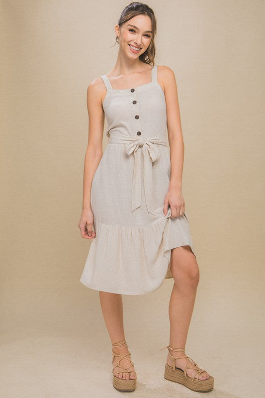 LINEN LIGHT MIDI DRESS WITH WAIST TIE