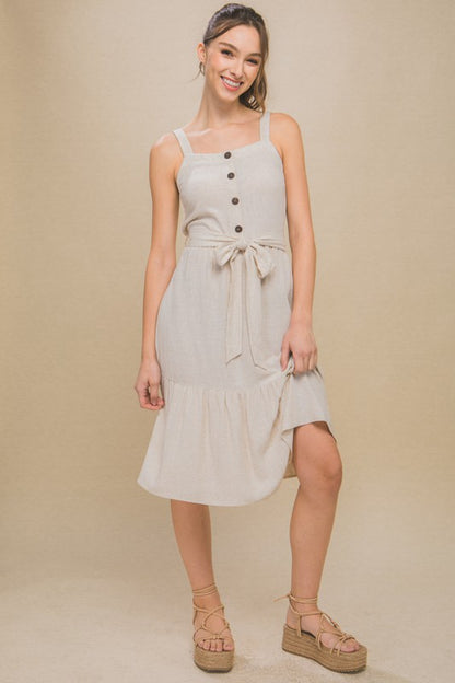 LINEN LIGHT MIDI DRESS WITH WAIST TIE