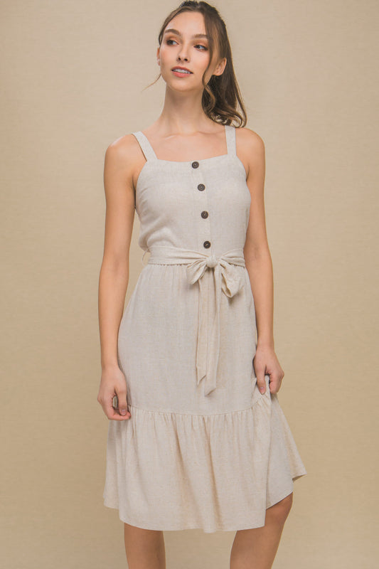 LINEN LIGHT MIDI DRESS WITH WAIST TIE