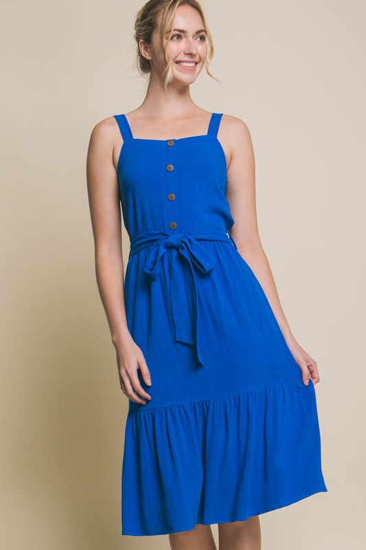 LINEN LIGHT MIDI DRESS WITH WAIST TIE