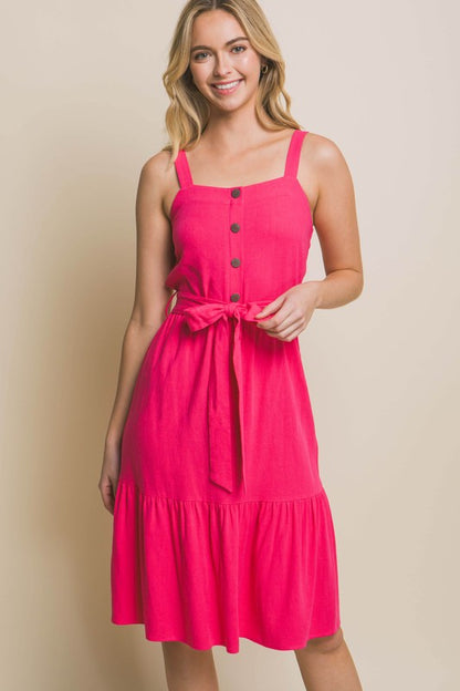 LINEN LIGHT MIDI DRESS WITH WAIST TIE