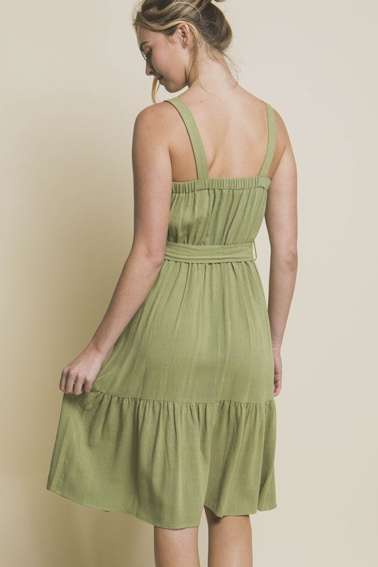 LINEN LIGHT MIDI DRESS WITH WAIST TIE