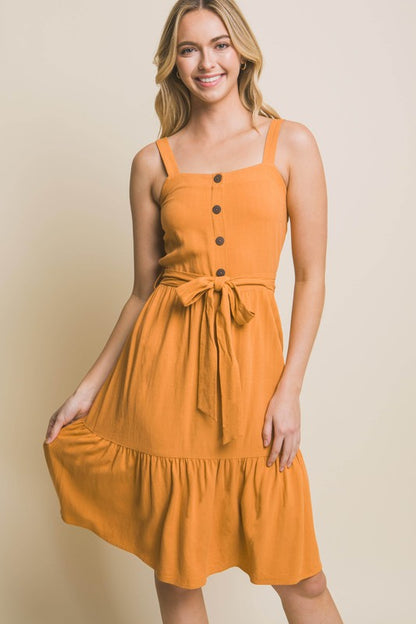 LINEN LIGHT MIDI DRESS WITH WAIST TIE