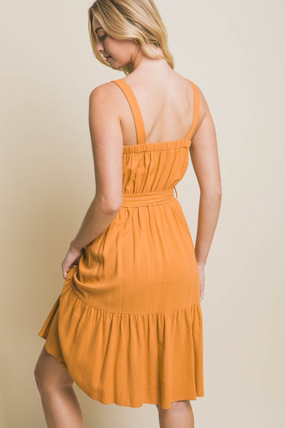 LINEN LIGHT MIDI DRESS WITH WAIST TIE