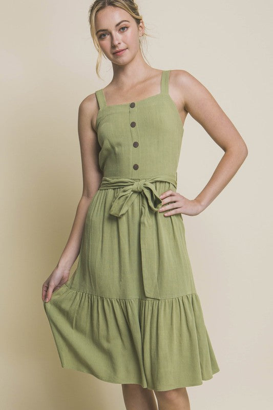 LINEN LIGHT MIDI DRESS WITH WAIST TIE