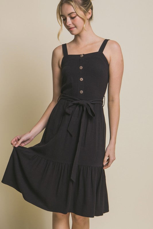 LINEN LIGHT MIDI DRESS WITH WAIST TIE